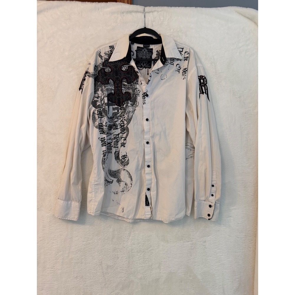 Roar Acclaim Mens XXXL White Graphic Button Down Shirt Fleur De Lis Cross